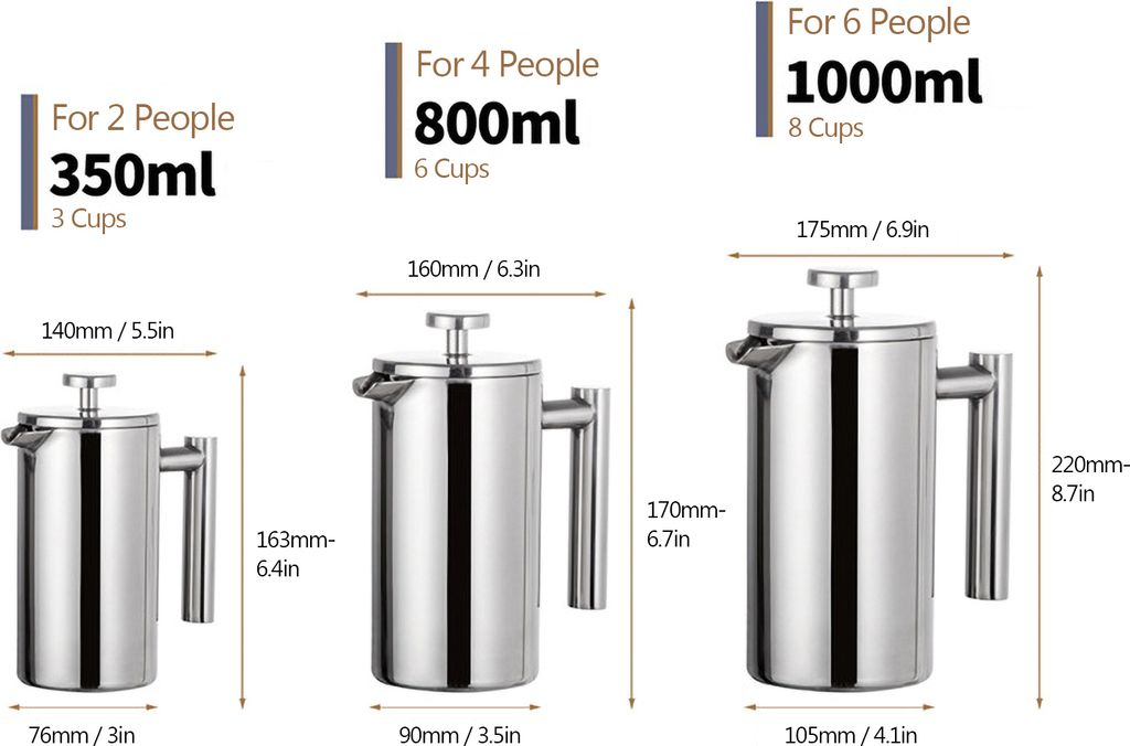 350ml/800ml/1000ml French Press Kaffeemaschine Edelstahl Doppelwandig Isolierte Kaffeemaschine Kanne