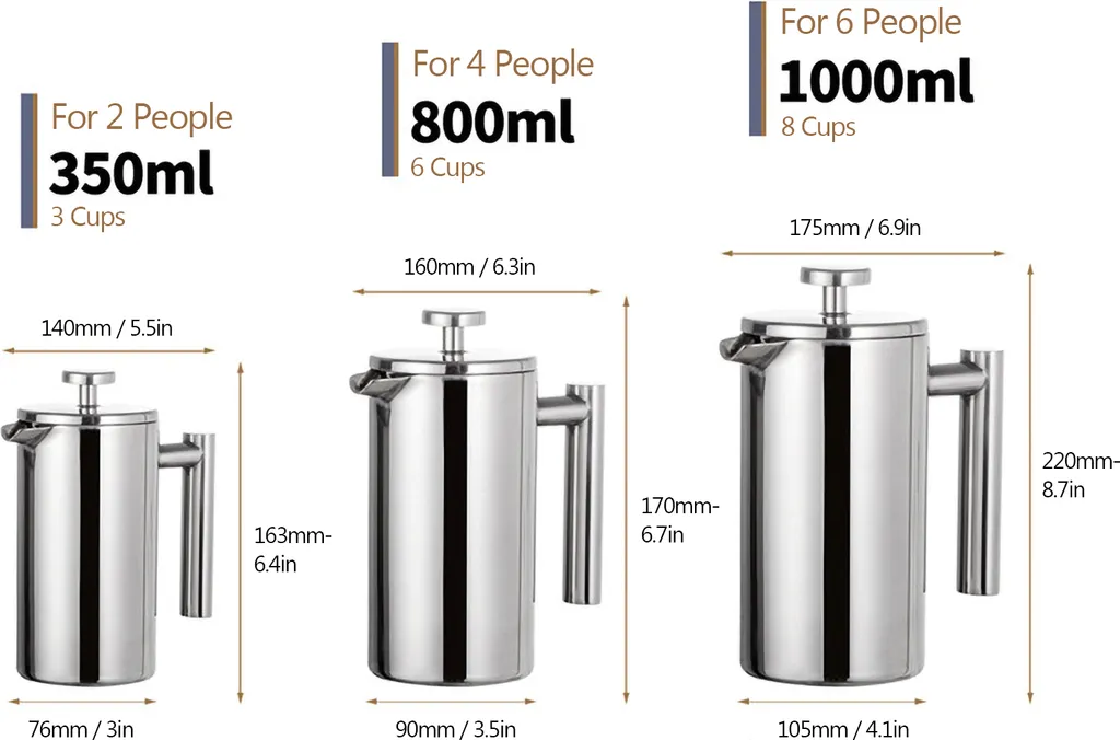 350ml/800ml/1000ml francese Press Coffee Maker in acciaio inox doppia parete isolato caffettiera pentola