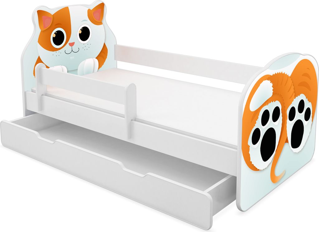 ACMA Tiere VII Kinderbett Jugendbett Junior-Bett Komplett-Set mit Matratze Rausfallschutz Lattenrost (02 Katze, 160x80 cm + Bettkasten)