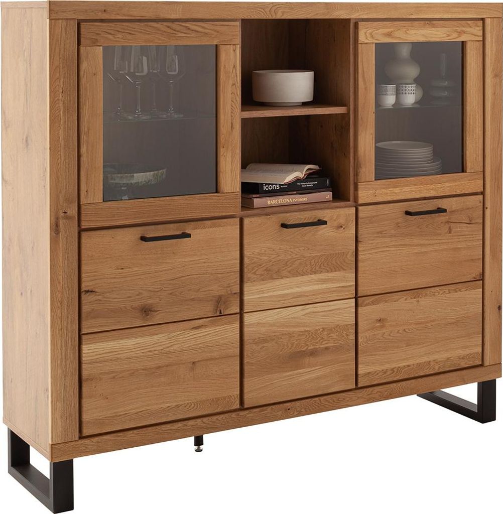 Wohnzimmer Highboard mit 159 cm Breite in Eiche teilmassiv, mit 2 Glastüren, 3 Holztüren & 2 offene Fächer - KUMASI-06