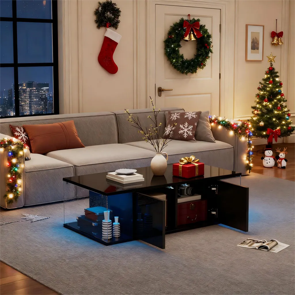 Table Basse Design Noire pour Salon Moderne, Rangement et LED 100cm