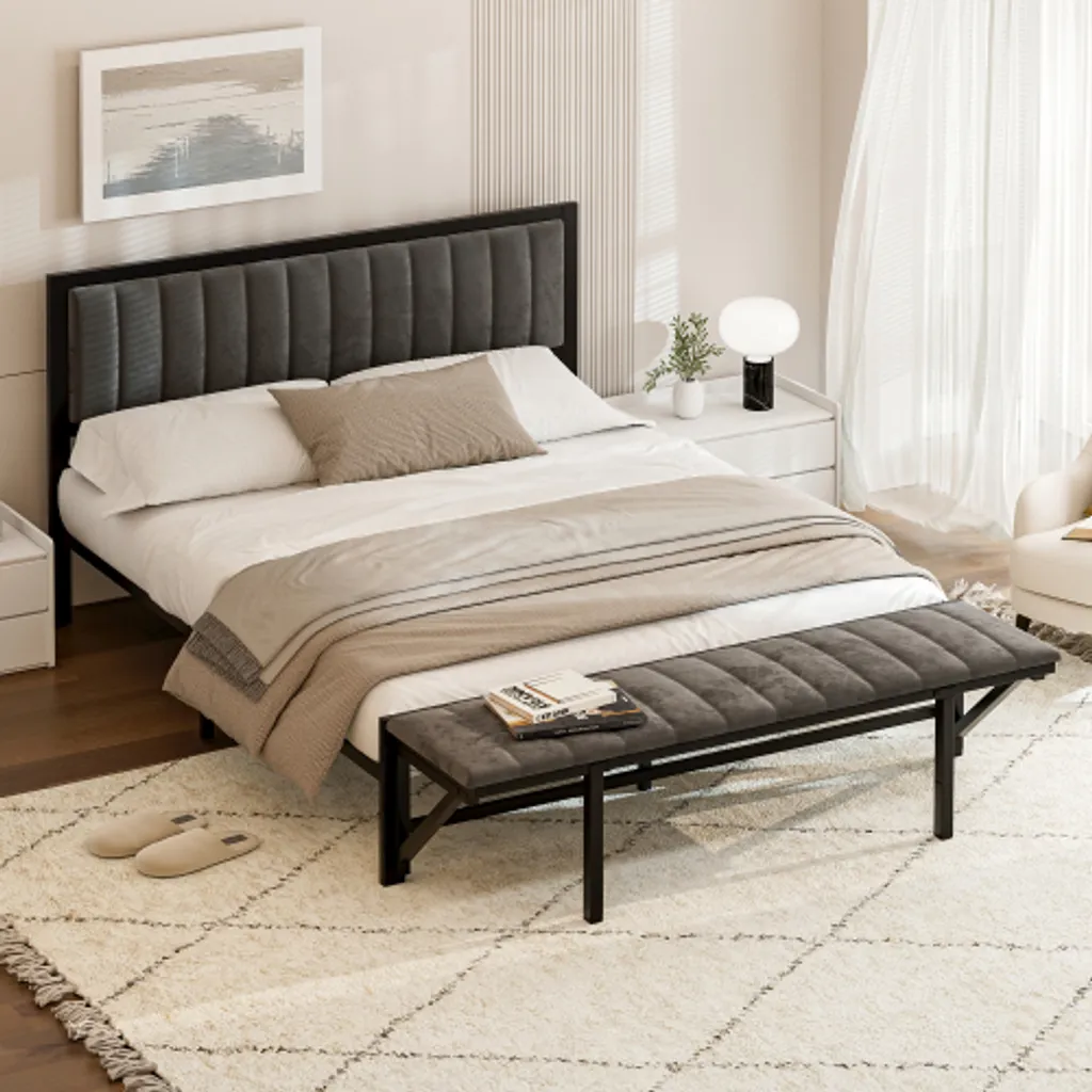 AIORBER Lit Double 160x200 cm Gris en Velours avec Coffre et Tabouret