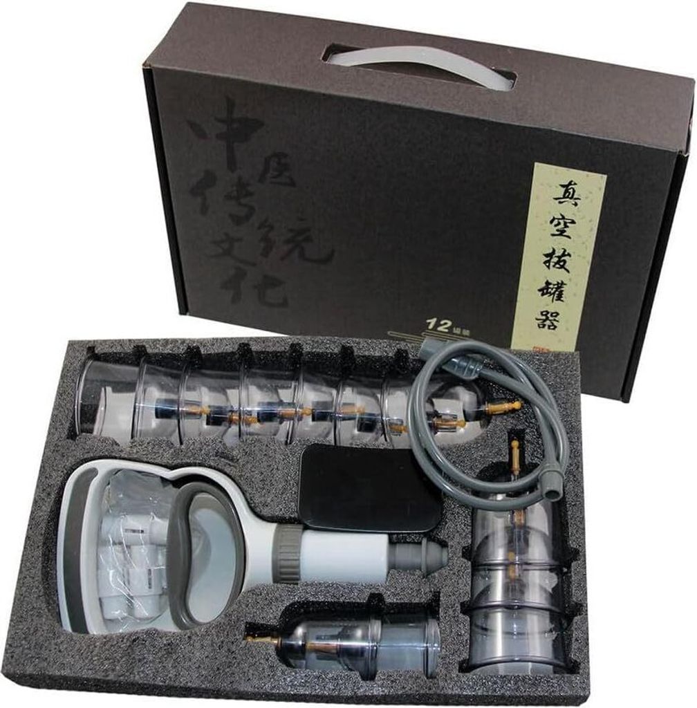 EDLES Schröpfen Set mit 12 Schröpfgläser aus Kunststoff mit Magneten + Vakuumpumpe BLACK EDITION