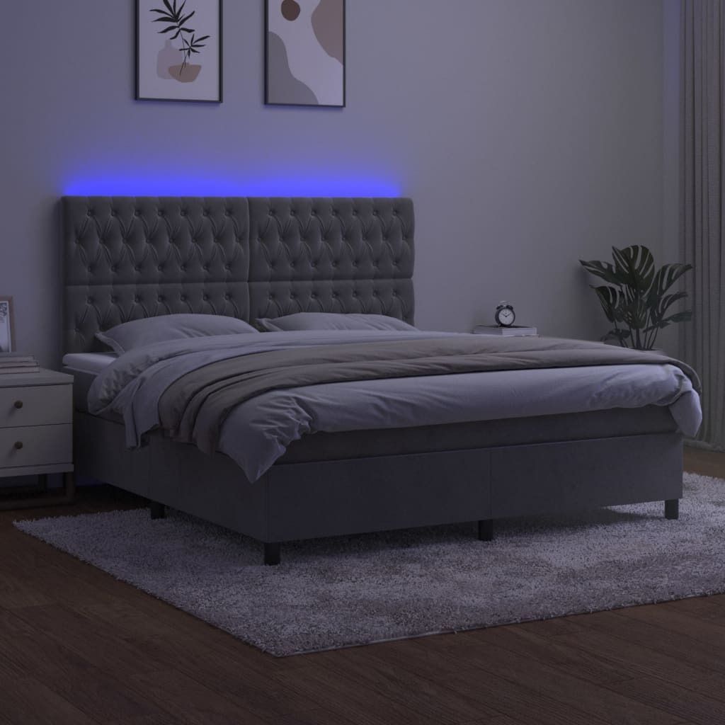vidaXL Boxspringbett mit Matratze & LED Hellgrau 180x200 cm Samt - Boxspringbett - Boxspringbetten - Bett - Betten
