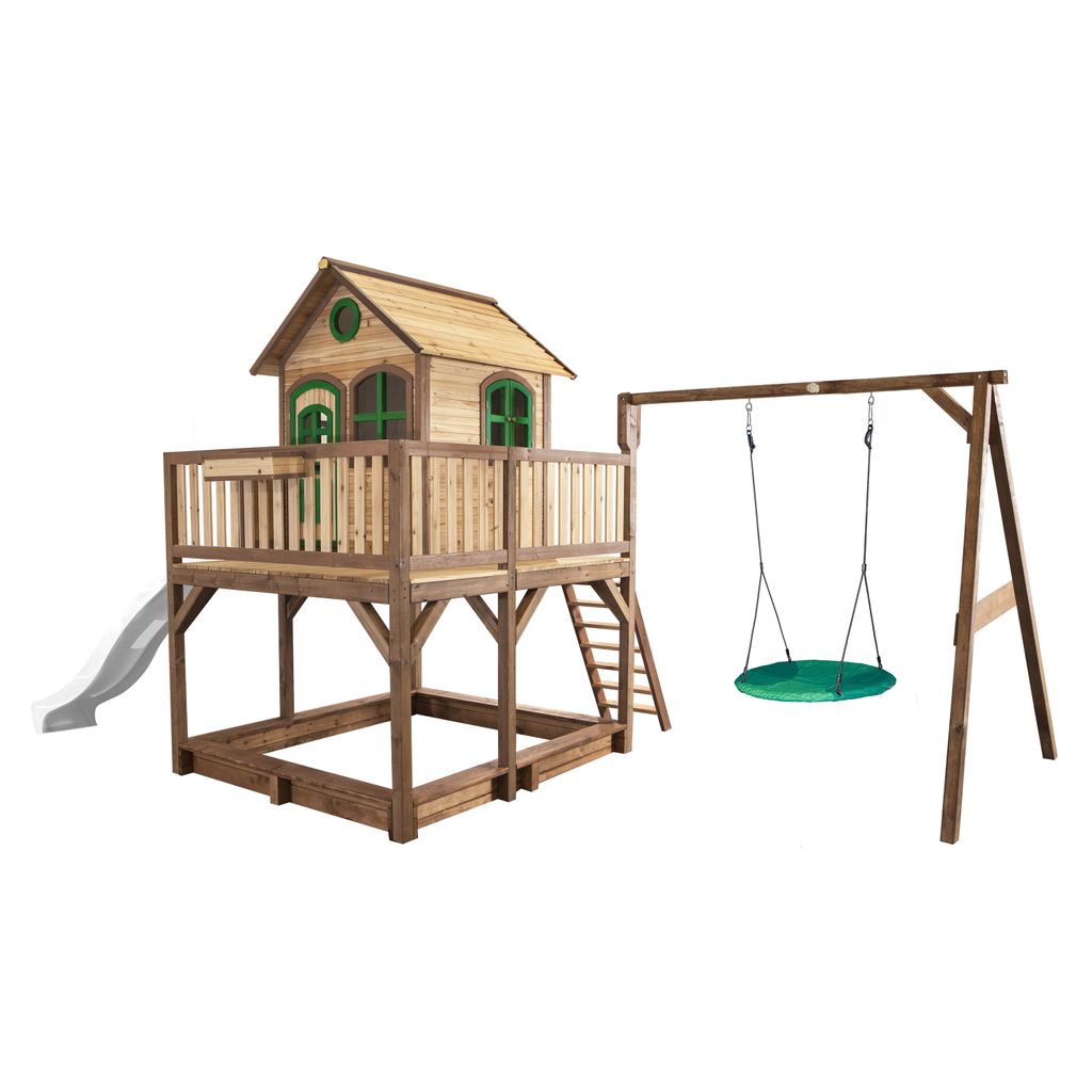 AXI Spielhaus Liam mit Sandkasten, Nestschaukel & weißer Rutsche | Stelzenhaus XXL in Braun & Grün aus Holz für Kinder | Spielturm mit Wellenru...