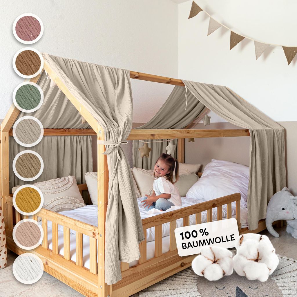 Hausbett Himmel Gold aus Musselin - 2er-Set für Kinderbett Produktbild 