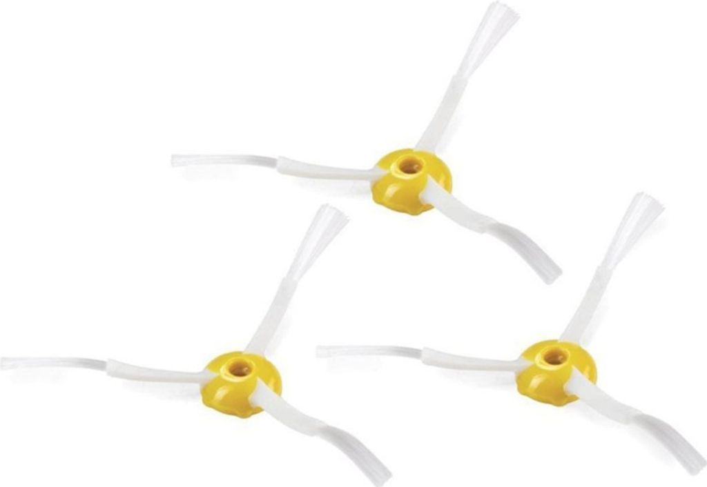 Three white and yellow side brushes for a robot vacuum cleaner are arranged on a white background.