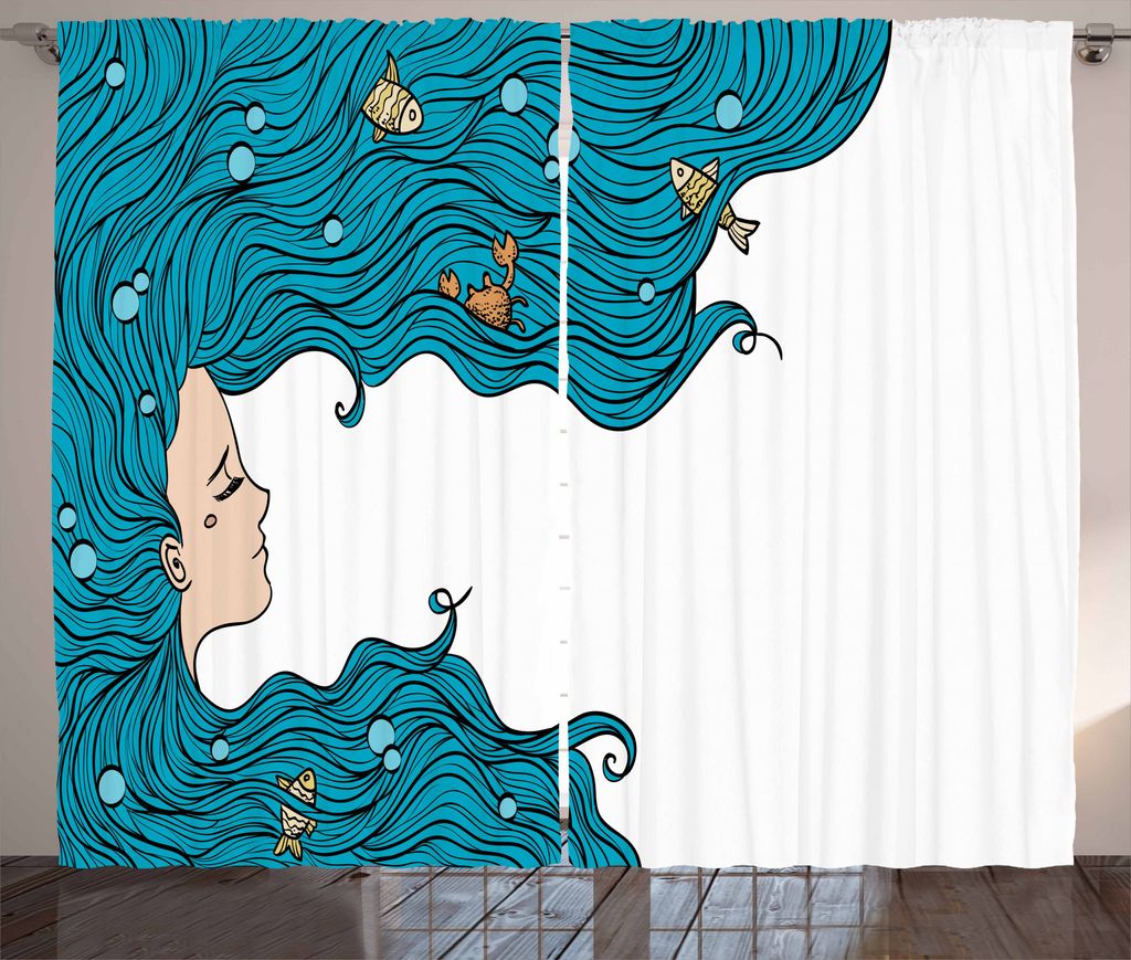 ABAKUHAUS Meerjungfrau Rustikaler Gardine, Mädchen Oceanic Frisur, Schlafzimmer Kräuselband Vorhang mit Schlaufen und Haken, 280 x 225 cm, Benzin...