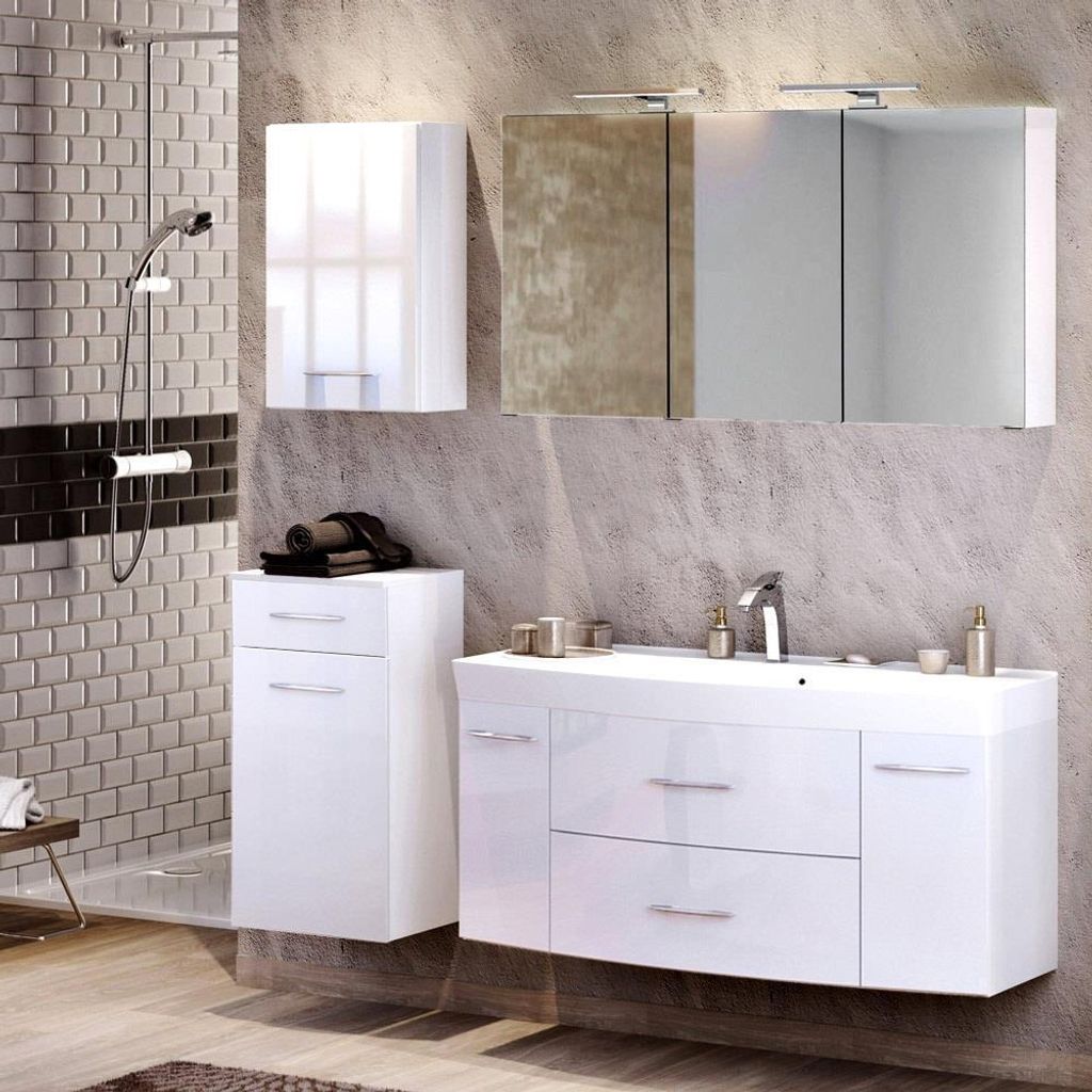 Badezimmer Set 120cm Waschtisch FLORIDO-03 in Hochglanz weiß B x H x T: ca. 175 x 200 x 47 cm