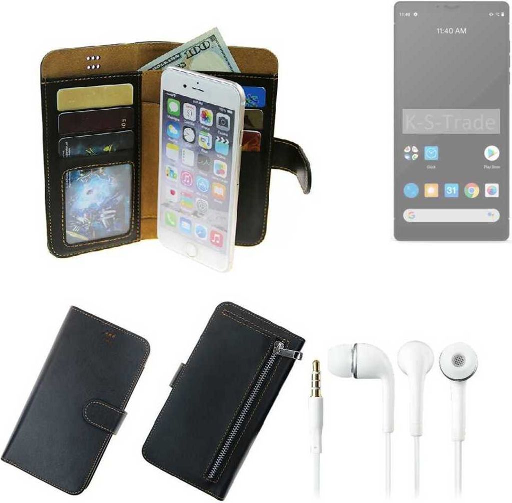 TOP SET Handy Hülle Schutz Hülle kompatibel mit Carbon 1 MKII schwarz aus Kunstleder + Kopfhörer Smartphone Tasche vollwertige Geldbörse