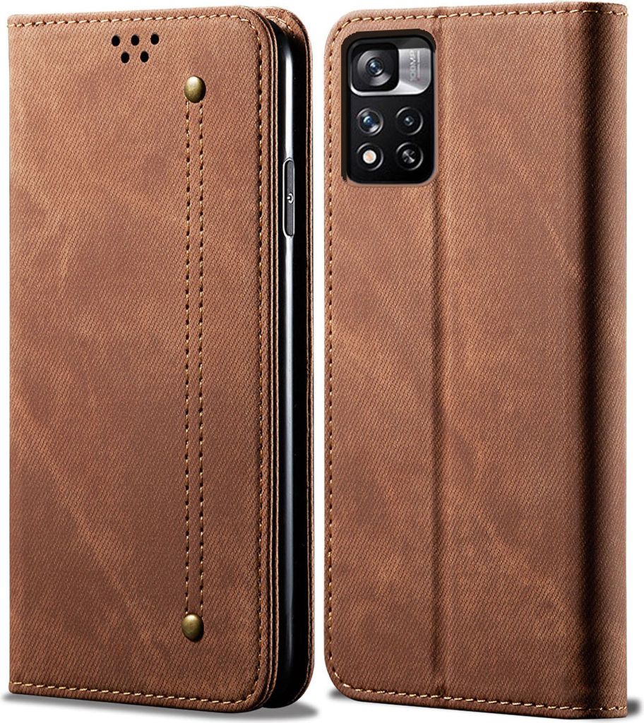 A brown leather flip case for a smartphone is shown from the front and back.