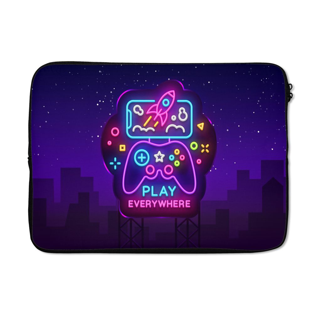 MuchoWow Laptop Hülle 13 Zoll Gaming - Neon - Spielen - Blau - Nacht - Controller Laptoptasche - Laptophülle - Sleeve - Rundumschutz - Coole Sc...