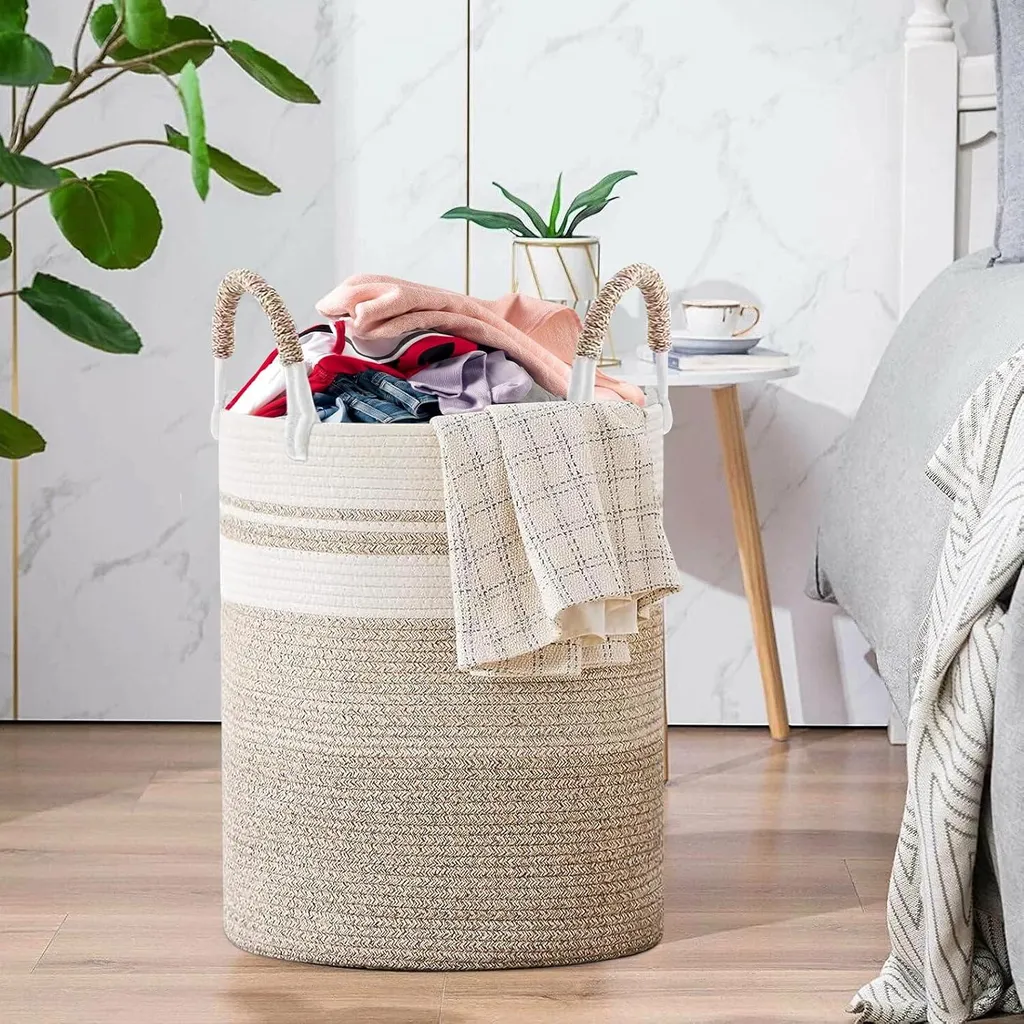 Panier à linge tressé bicolore 50L - Corbeille 37 x 47 cm élégante