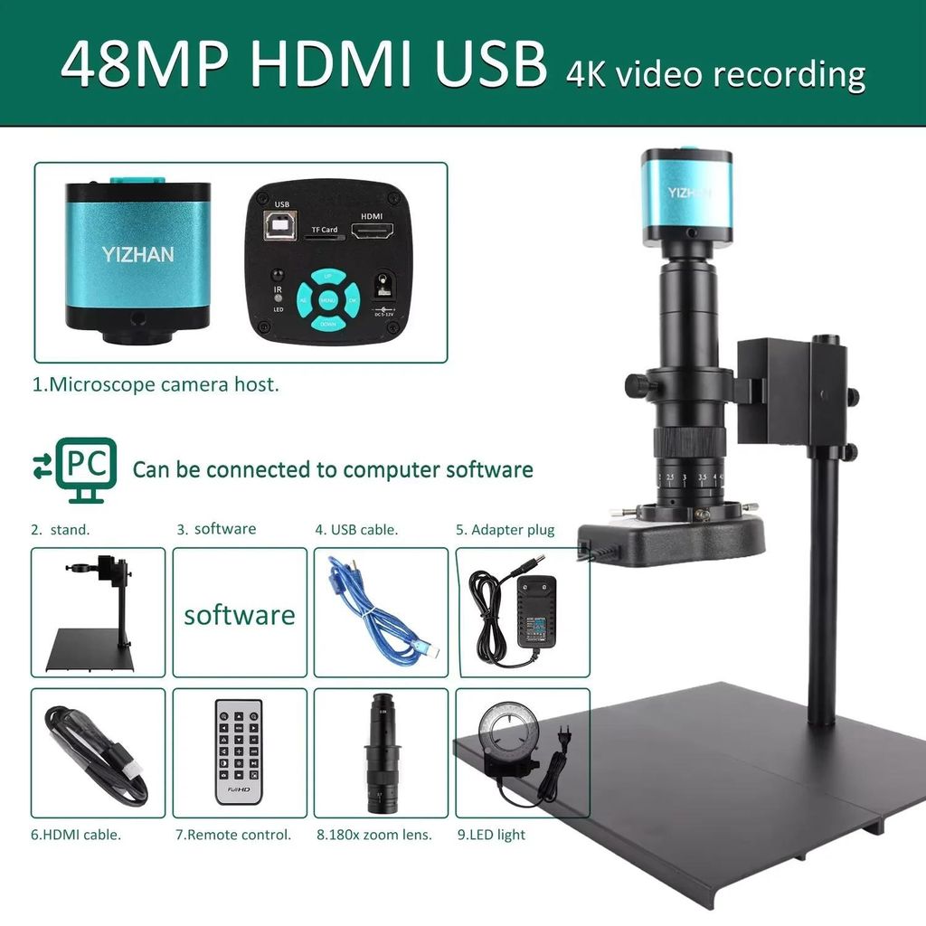 Digitales Mikroskopkamera - Industrielles USB HDMI Videomikroskop - 48 MP 4K Aufnahme - 180x C-Mount Objektiv - Zum Löten und Reparatur - 4K 180x Set