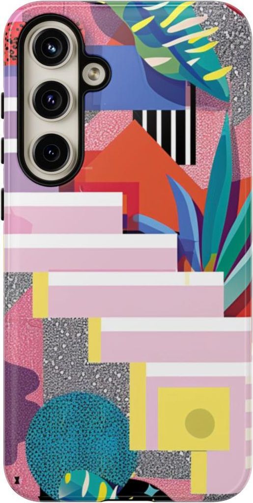 Buntes abstraktes Design mit geometrischen Formen und botanischen Elementen – Hülle Kompatibel mit Samsung Galaxy S24 Plus