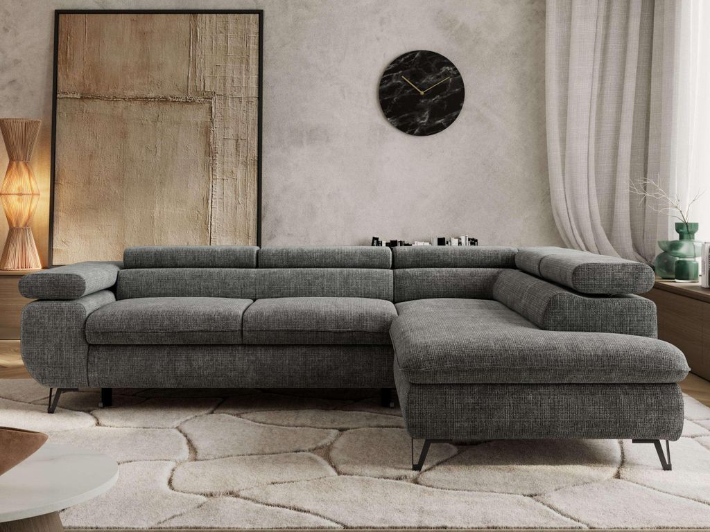 Couch mit Schlaffunktion L-form Ecksofa mit Topper T25 Wohnzimmersofa mit Einstellbare Kopfstützen - PABLO L - Schenille grob - Grau - Rechts