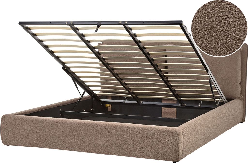 BELIANI Bett mit Bettkasten Braun aus Bouclé Gepolstert 180 x 200 cm Lattenrost Hochklappbar Hohes Kopfteil Stauraum Modern Doppelbett Schlafzimmer