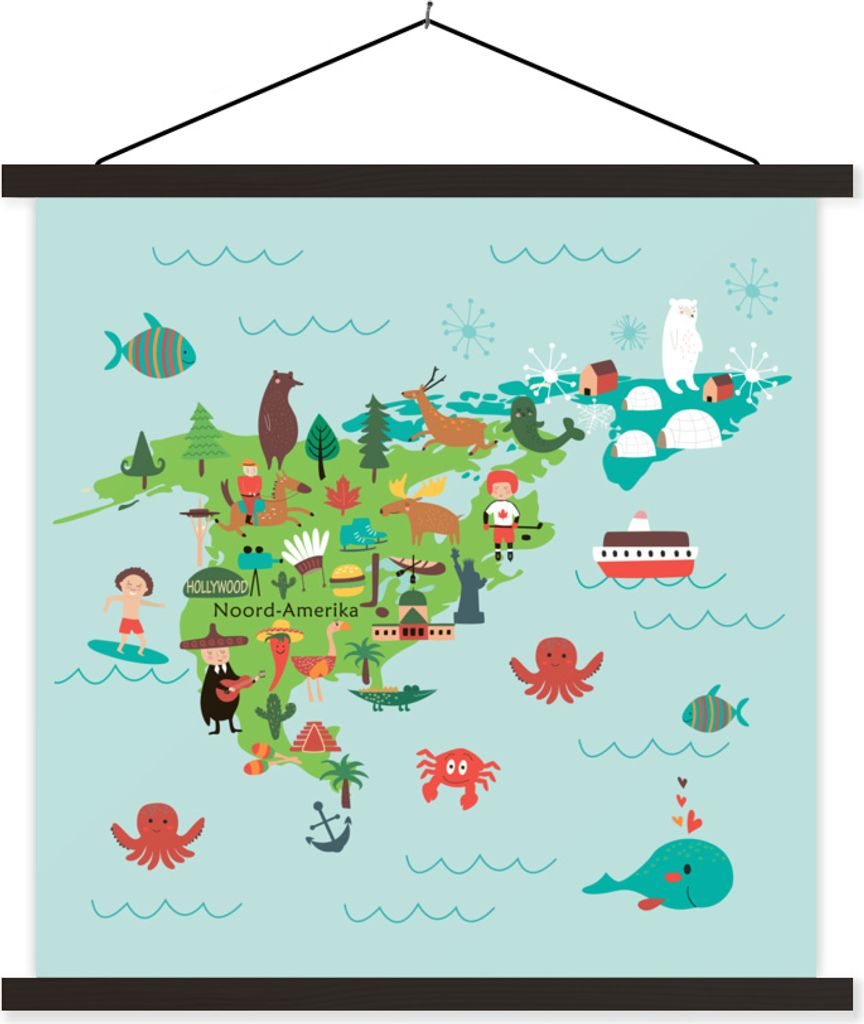 MuchoWow Textilposter Weltkarte Kinder - Nordamerika - Grün 40x40 cm mit schwarzem Rahmen - Fotos