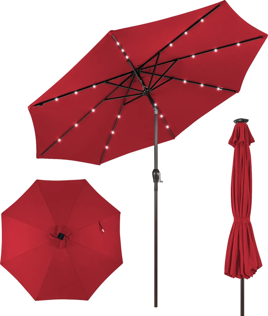 COSTWAY Parasol de Jardin 300cm avec Éclairage LED Solaire Vin Rouge