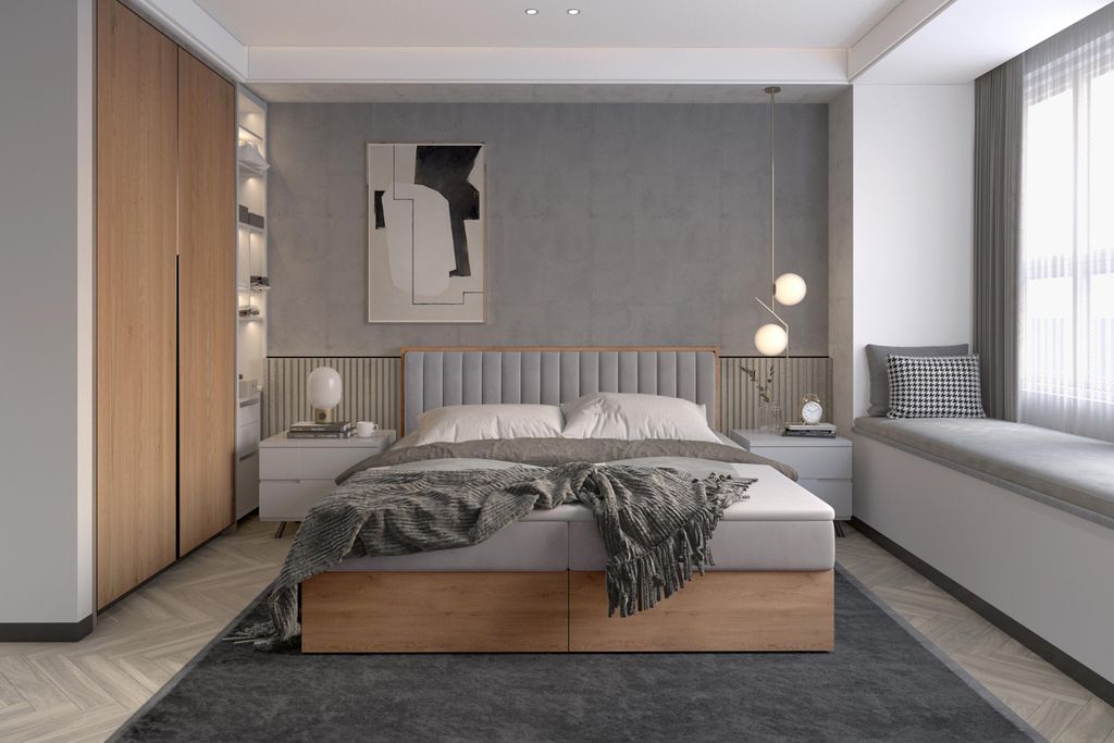 Funktionsbett 140x200 cm mit Stauraum – Polsterbett mit Bettkasten – Holzbett mit Kopfteil – Boxbett in Eiche-Optik – Modernes Bett 140x200...