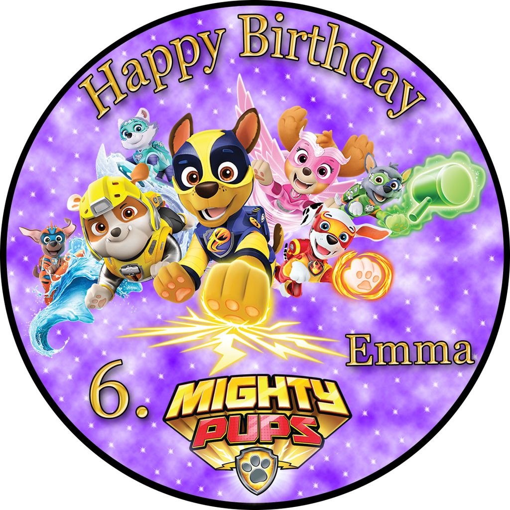 Tortenaufleger Fototorte Tortenbild Kindergeburtstag Paw Patrol Mighty Pups PP04 (Zuckerpapier) Rund 20 cm Ø ohne Foto Violett