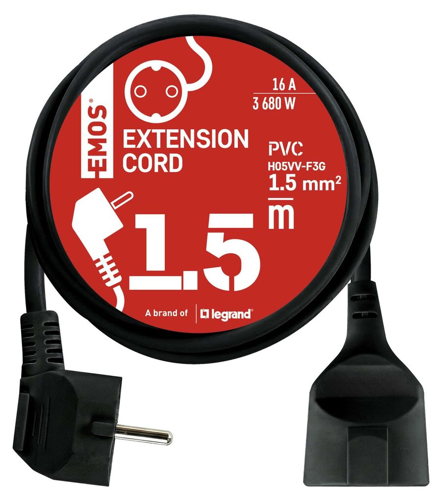 Verlängerungskabel 1,5 m / 1 Steckdose / schwarz / PVC / 1,5 mm2