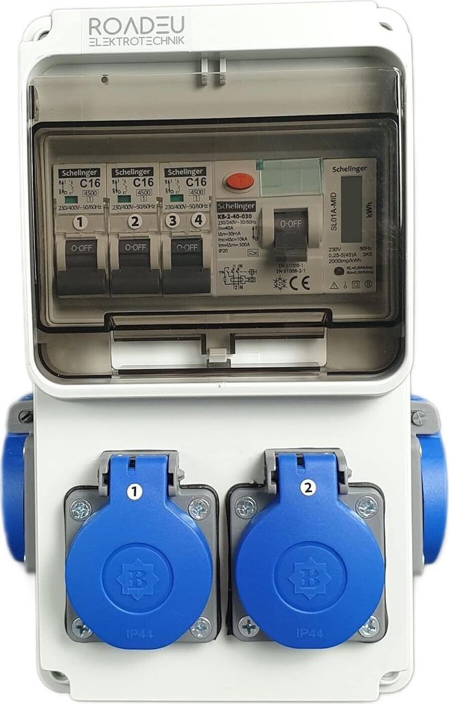 RoadEu - Stromverteiler 230V mit Zähler, 4x Schuko Steckdose mit Schalter, Steckdosenverteiler mit Fi Schutzschalter 40A typ A/AC, LS C16A, IP44
