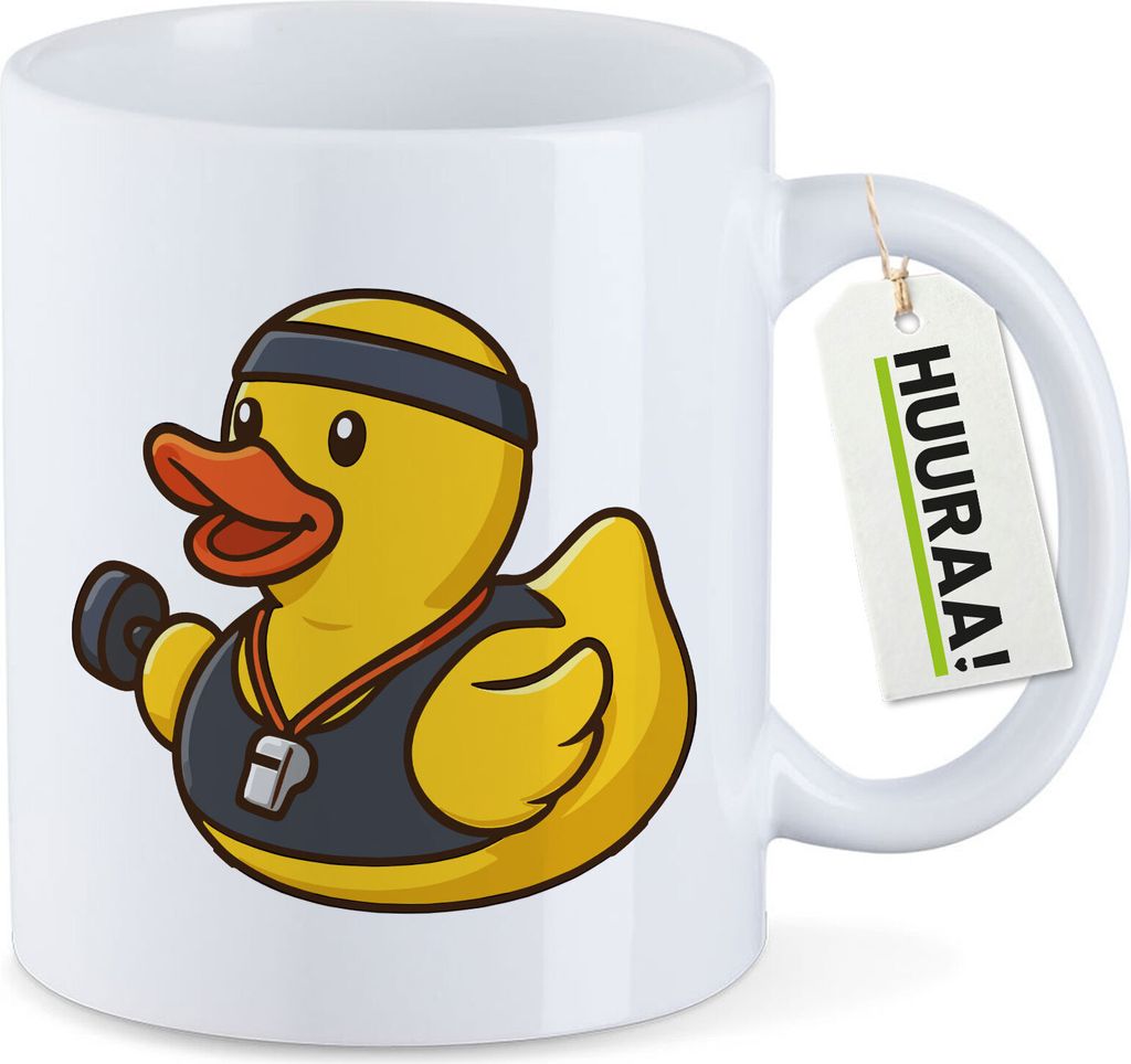 Huuraa Kaffeetasse Quietscheente Fitness-Trainer Gummiente Coach 330ml Weiß Keramik Kaffeebecher Geschenkidee