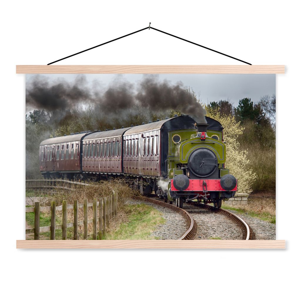 MuchoWow Textilposter Vorderansicht einer Dampflokomotive 120x80 cm mit holzfarbenen Rahmen - Aufhängeset