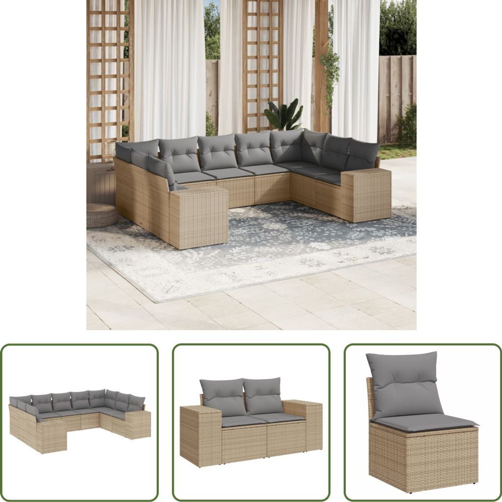 The Living Store 9-tlg. Garten-Sofagarnitur mit Kissen Beige Poly Rattan
