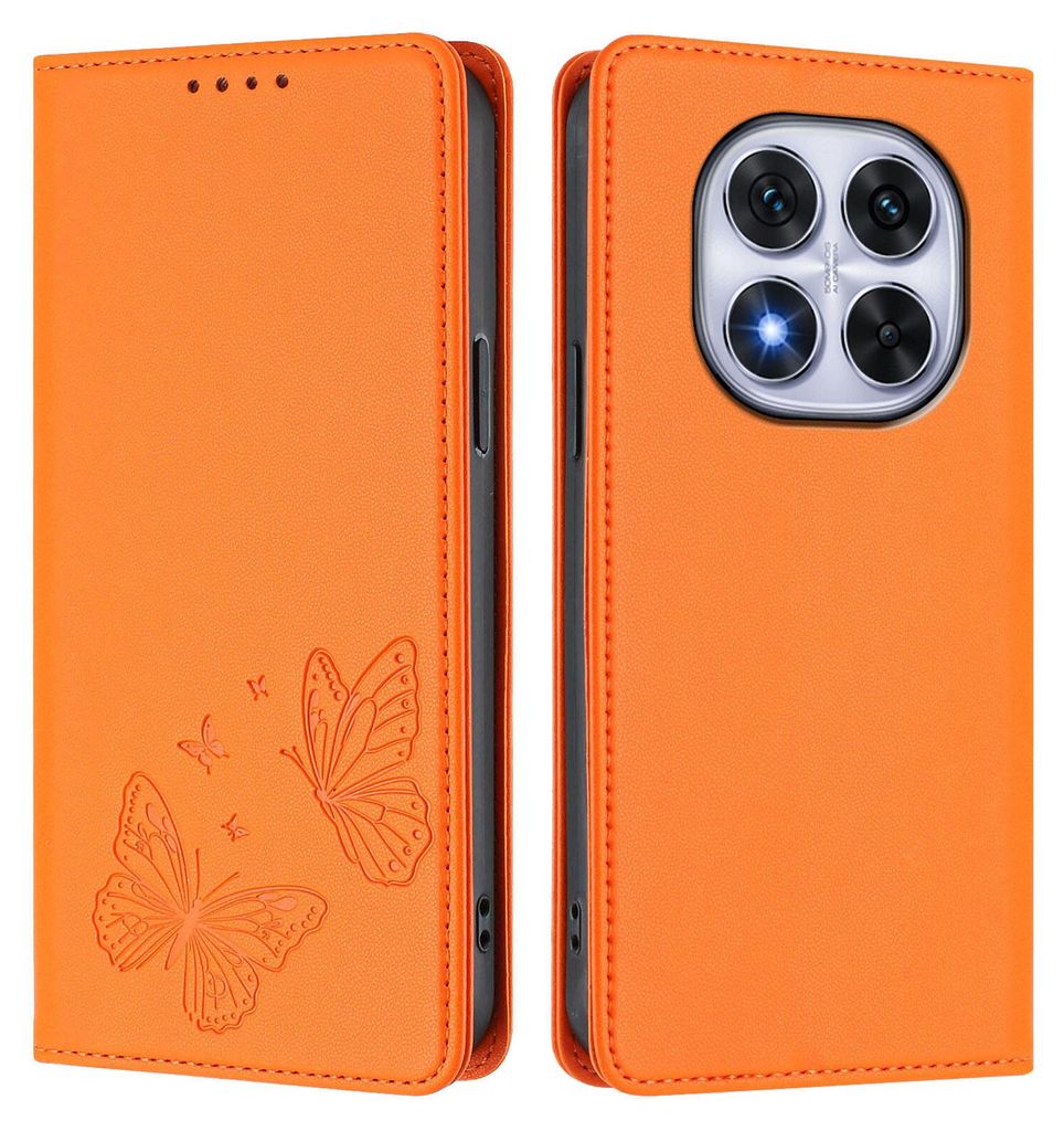 Lederhülle für Xiaomi Redmi Note 14 Pro 4G, Schmetterling Prägung Leder Brieftasche Schutzhülle mit Ständer Orange