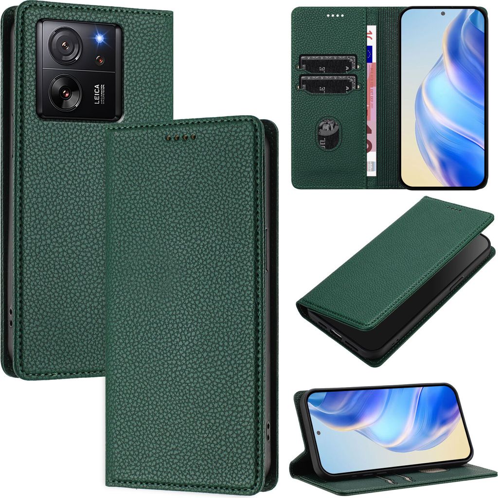 Litchi Leder Handyhülle für Xiaomi 13T / 13T Pro Wallet Kartenfächer Standfunktion Hülle Grün