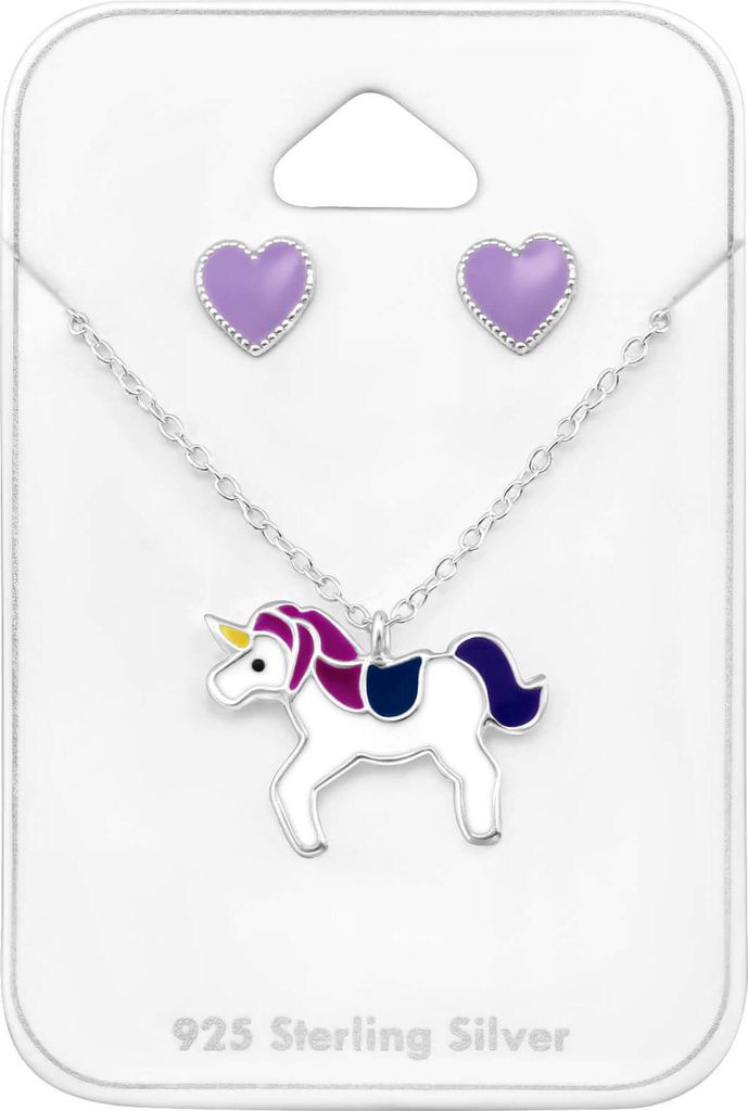 Set 925 Sterling Silber Ohrringe mit Herz-Ohrstecker mit Einhorn-Kette