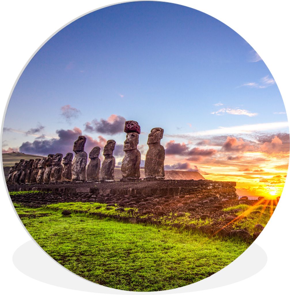 MuchoWow Rundes Wandbild - Runde Bilder Sonnenaufgang hinter den Moai-Statuen auf der Osterinsel Ø 60 cm Kreis Wanddekoration Kunststoff - Wandk...