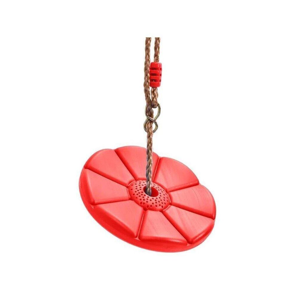 A red disc swing hanging from a rope.