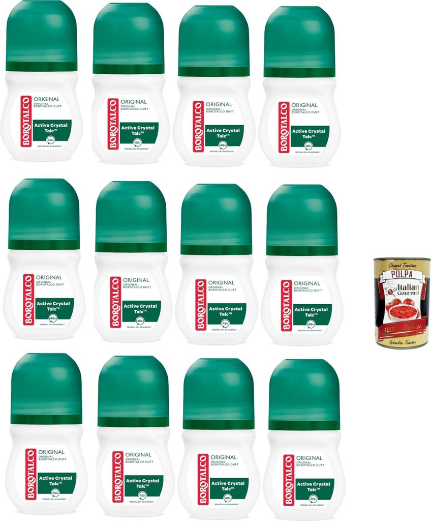 Borotalco, Original Deo Roll-On mit Talkum mit aktiven Kristallen, dreifacher Trockenschutz, ohne Alkohol, Duft von Borotalco – 12 Stück à 50 m...