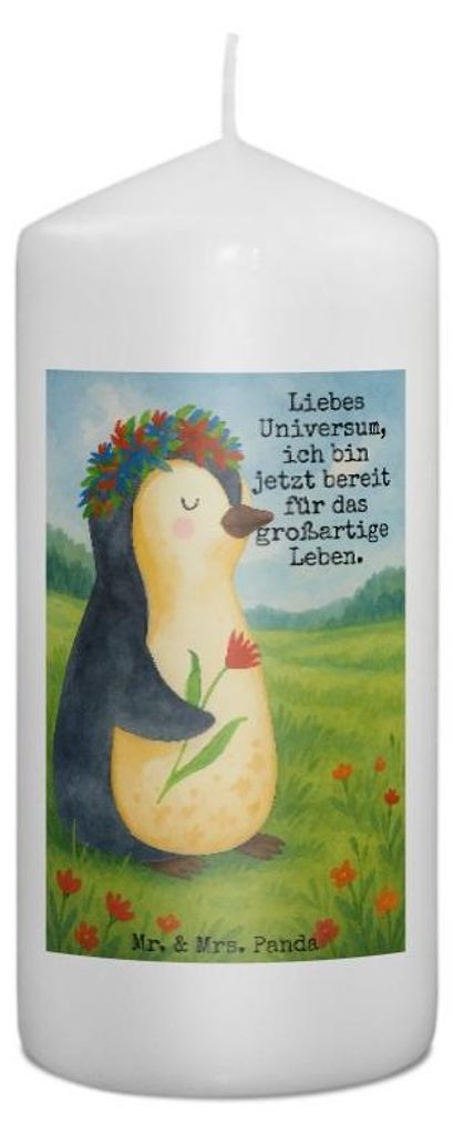 Mr. & Mrs. Panda Kerze Pinguin Blumen Design 15 x 7 cm - Weiß - Geschenk, Wachskerze, Geschenkidee, Stumpenkerze, Blockkerze, Positiv, Erinnerungs...