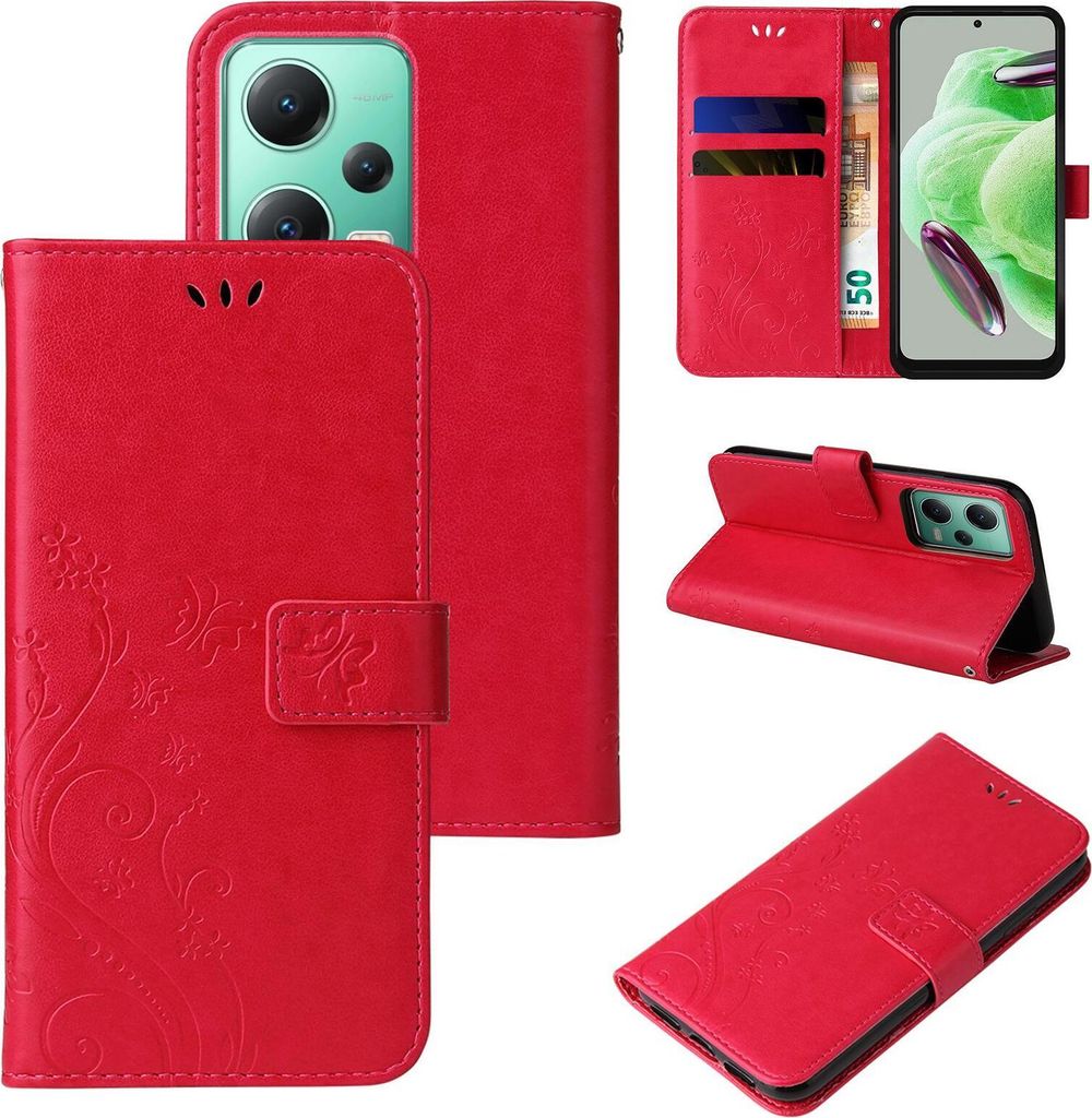 A collage of images showing a red flip phone case with floral and butterfly embossing, displaying its features and how it can be used.