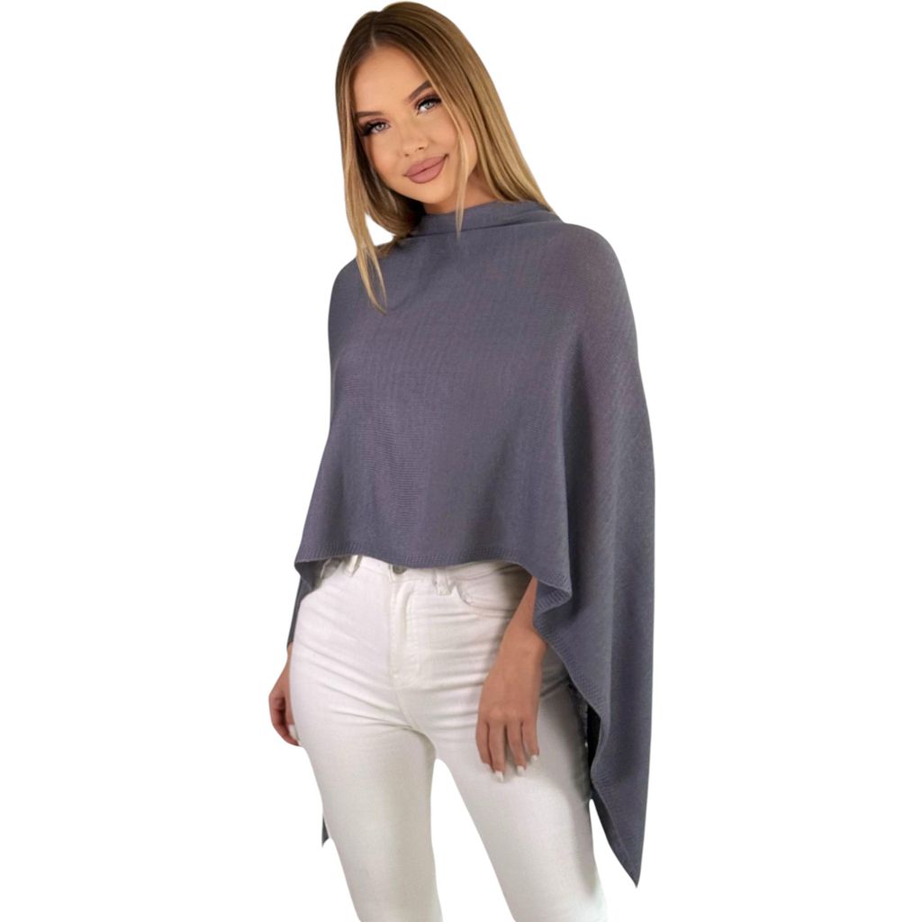 221 Mississhop Damen Poncho Cape Überwurf Strickjacke feiner weicher Strick Pullover Herbst Winter One Size Graphit