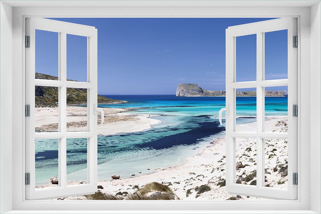 Wallario Wandbild aus Acryl, 60 x 90 cm, freischwebende Optik - Einsame Bucht mit weißem Sand und klarem Wasser mit Fenster-Illusion