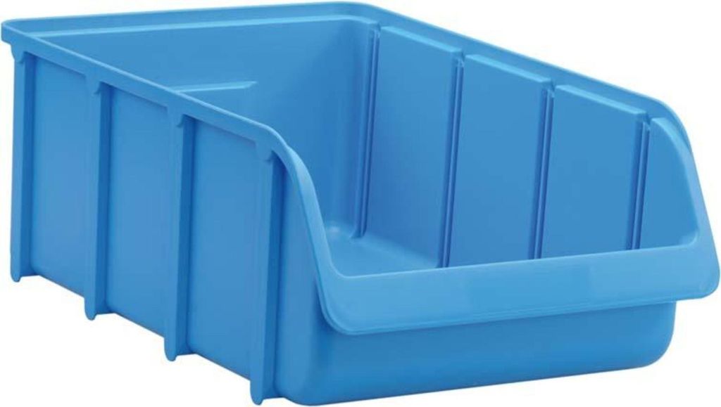 A blue plastic storage bin is shown from a diagonal angle against a white background.