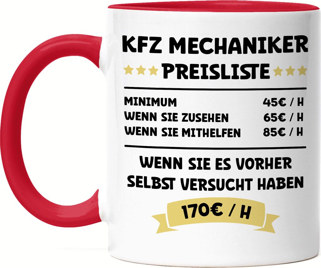 KFZ Mechaniker Preisleiste Tasse Rot Schwarz Beruf Arbeit Job Autos Autohaus Technik Werkstatt Werkzeug Auto