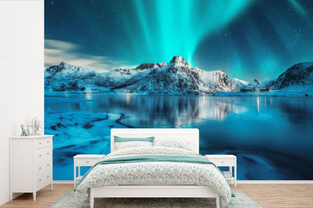 MuchoWow Fototapete für Wohnzimmer oder Schlafzimmer Wandtapete Vinyl Motivtapete Nordlicht - Eis - Schnee - Norwegen - Blau - Berge - 525x350 c...