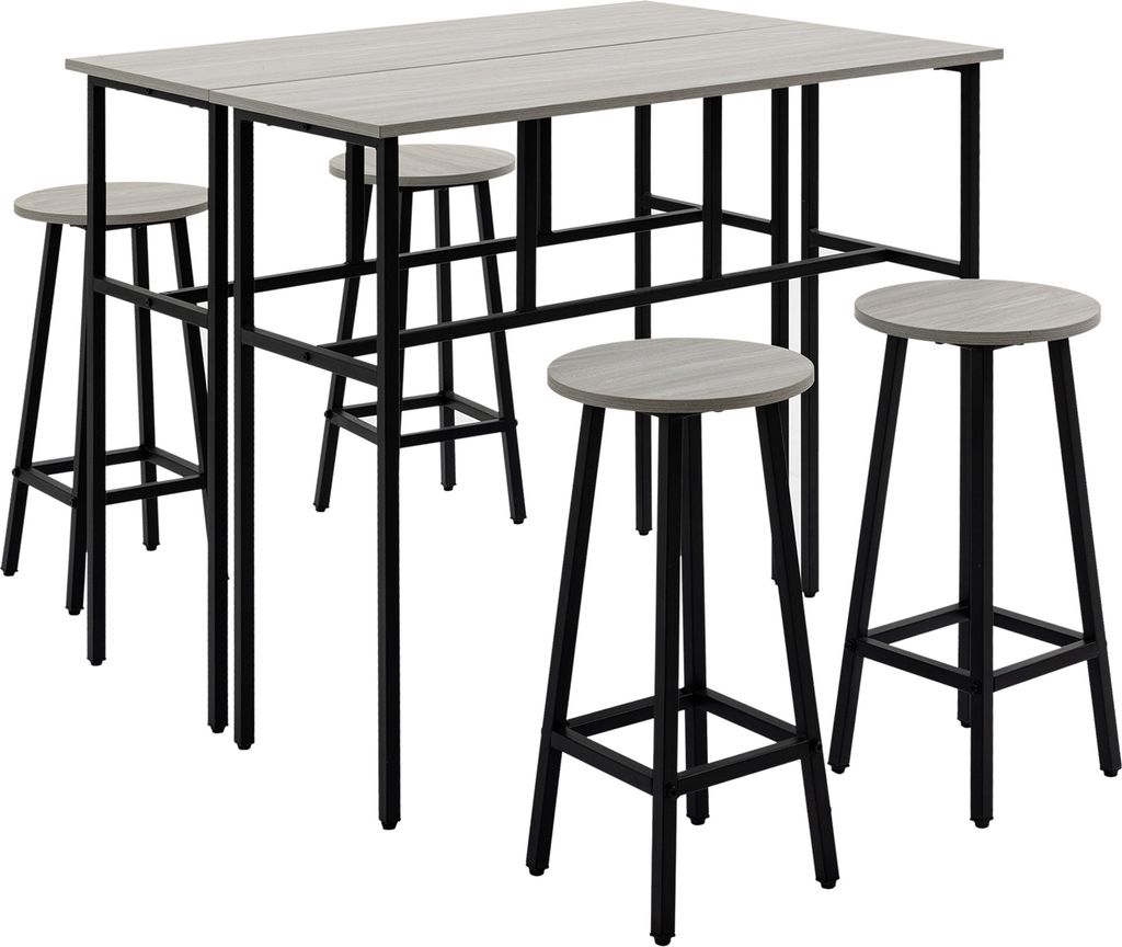 Essgruppe 6-teiliges Sitzset mit 2 Bartischen und 4 Barhockern im Industrial Design, Spanholz und Stahl, Grau und Schwarz,