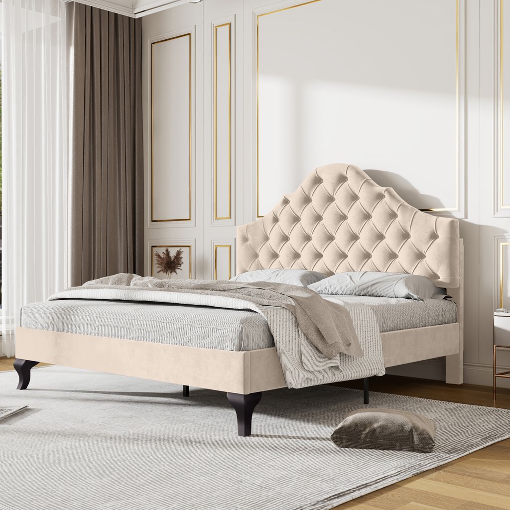 okwish Polsterbett 140X190cm, mit Lattenrost und Kopfteil, höhenverstellbares Kopfteil, Holzlattenauflage, einfache Montage, Samt, Beige