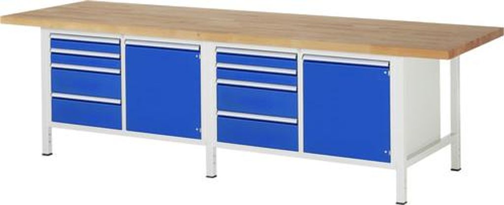 Werkbank mit 2 Schränken - 8 Schubladen - Vollauszug - 90:4 / 180:4 - höhenverstellbar 840-1.040 mm - 3.000 x 900 mm (BxT) - Traglast 1.250 kg - ...