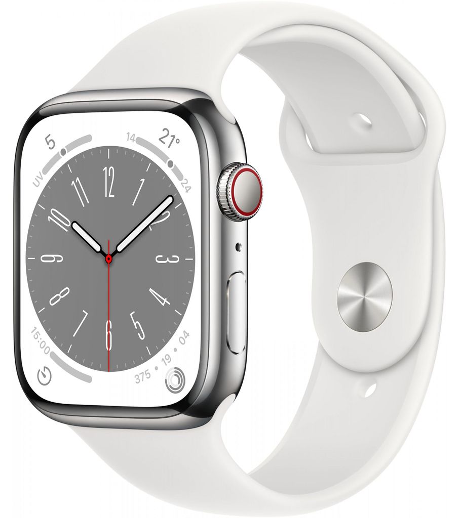 Apple Watch 8 4G 45mm Edelst. silber/Sport weiß Produktbild 