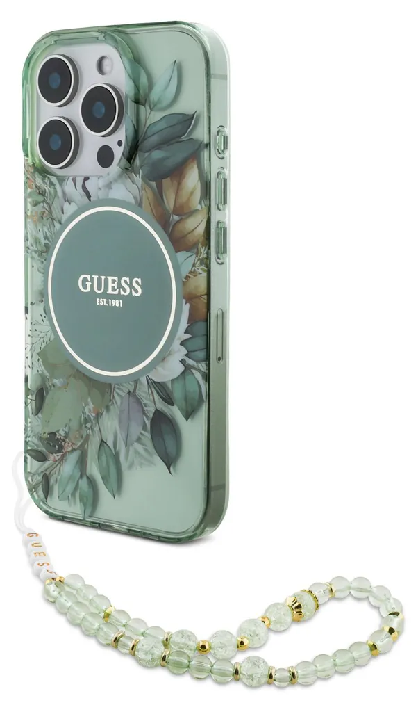 Cover Guess iPhone 16 Pro Max Green Flowers MagSafe Pearl Strap