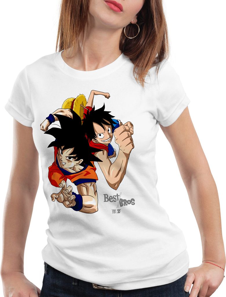 style3 Goku Ruffy - Best Bro's Damen T-Shirt strohhut z saiyan, Farbe:Weiß, Größe:M