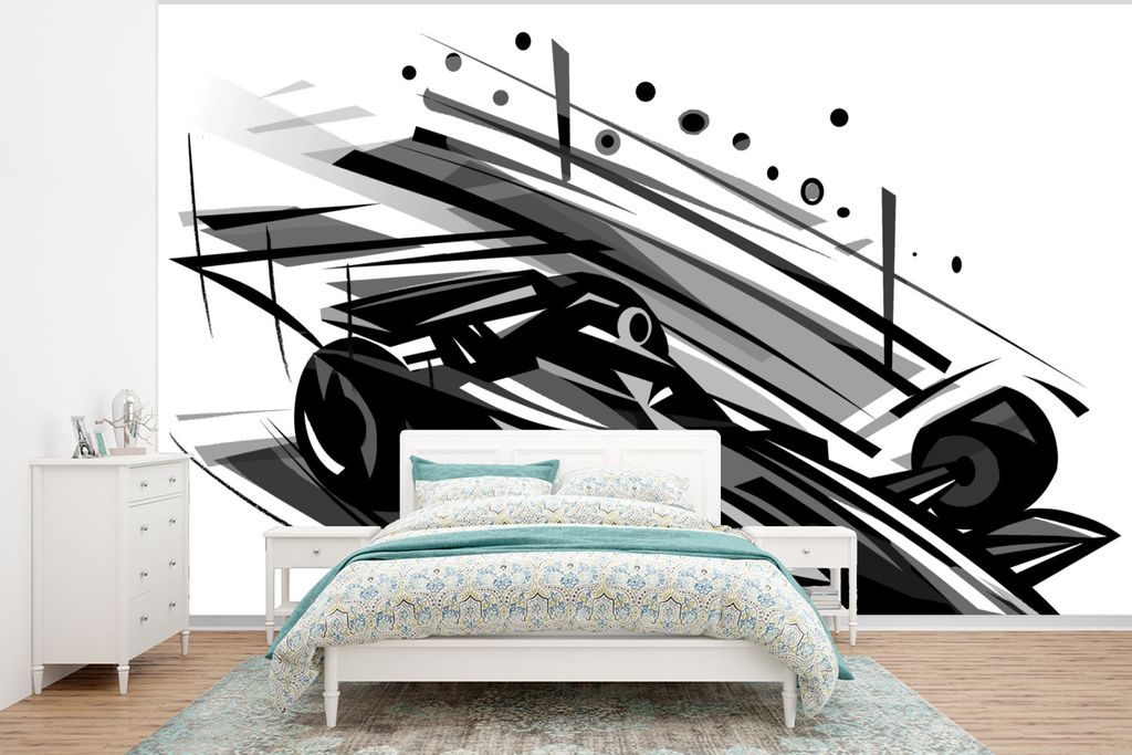 MuchoWow Fototapete für Wohnzimmer oder Schlafzimmer Wandtapete Vinyl Motivtapete Eine schwarz-weiße Illustration eines Autos aus der Formel 1 ...